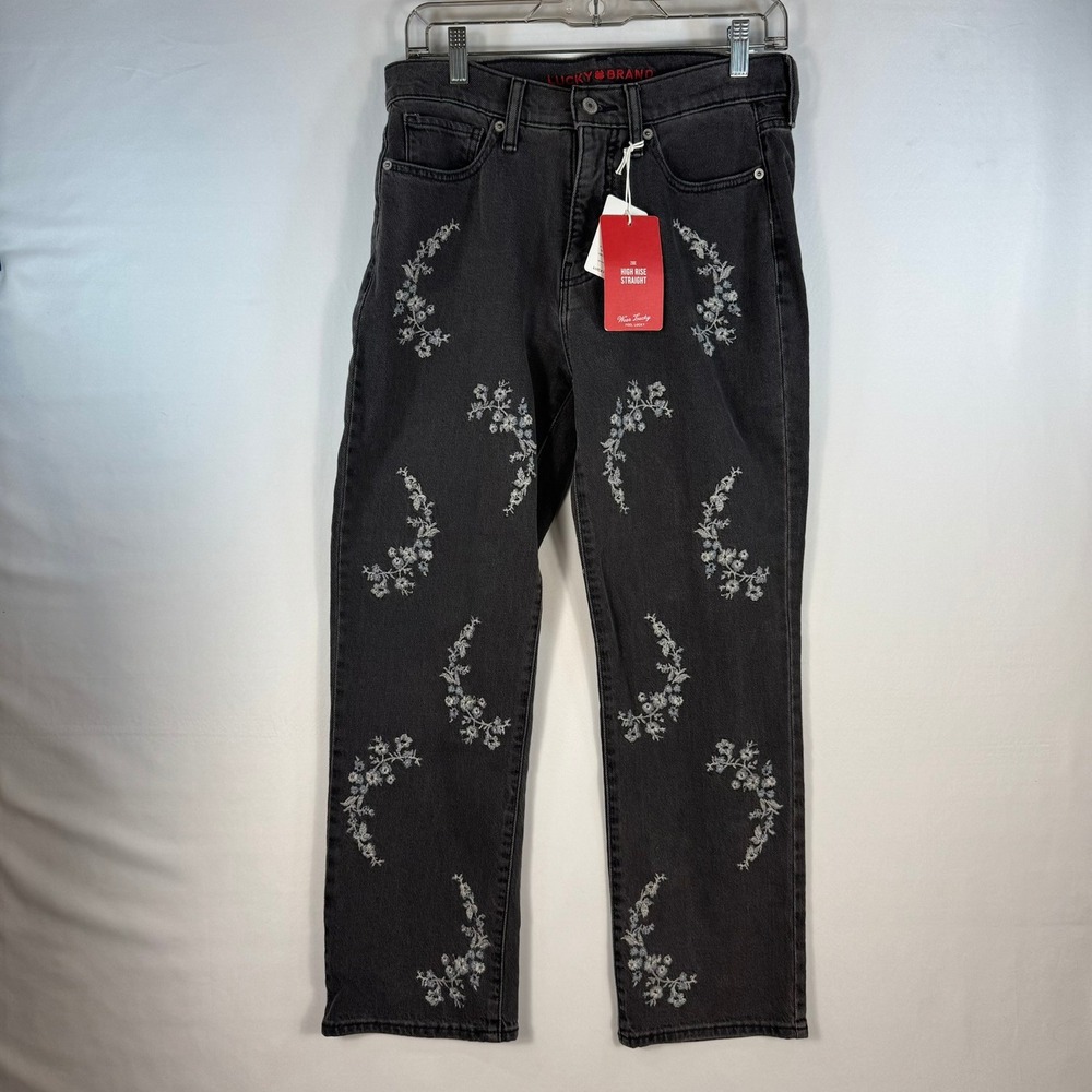 Lucky Brand Zoe High Rise Straight Floral Embroidered Ankle Jeans Black 6/28A